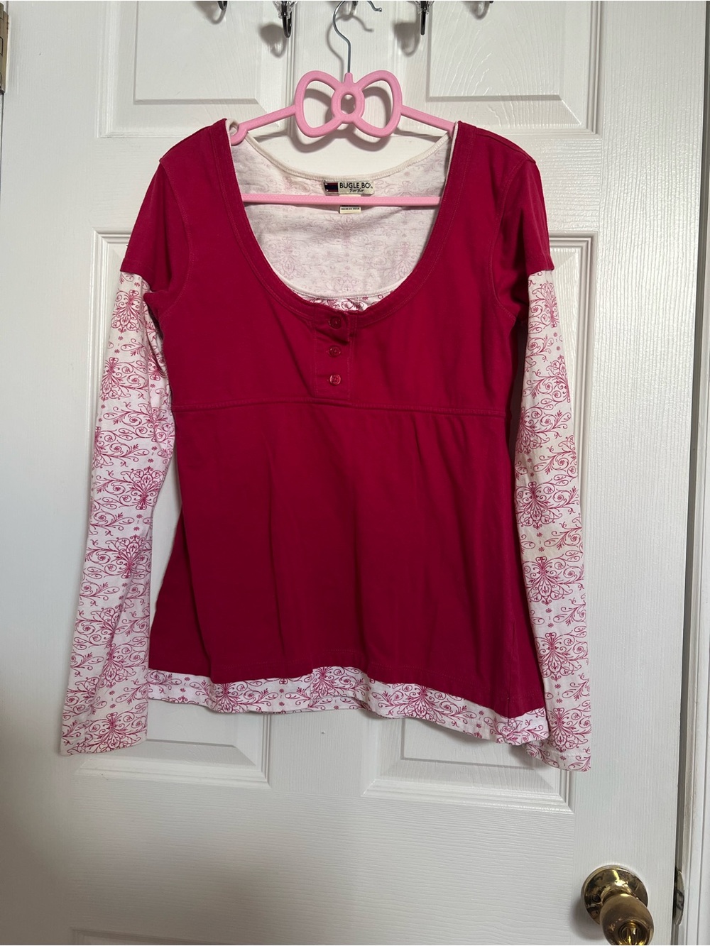 Y2K Fuchsia Henley Layered-Look Long Sleeve Tee with Printed Sleeves
